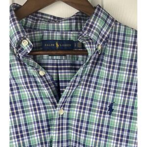 Ralph Lauren Shirt Mens Small Blue Plaid Custom Fit Performance Button Down